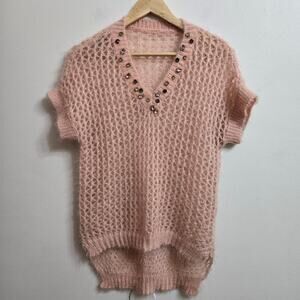 Womens Embellished Mohair Open Knit Sweater Pink Coquette Soft Sheer 90s Y2K